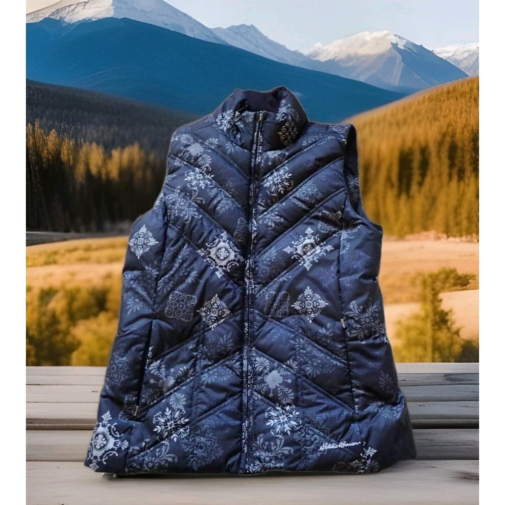 Eddie Bauer Down Vest Women Small Black Quilted Puffer Floral Excellent Warmth